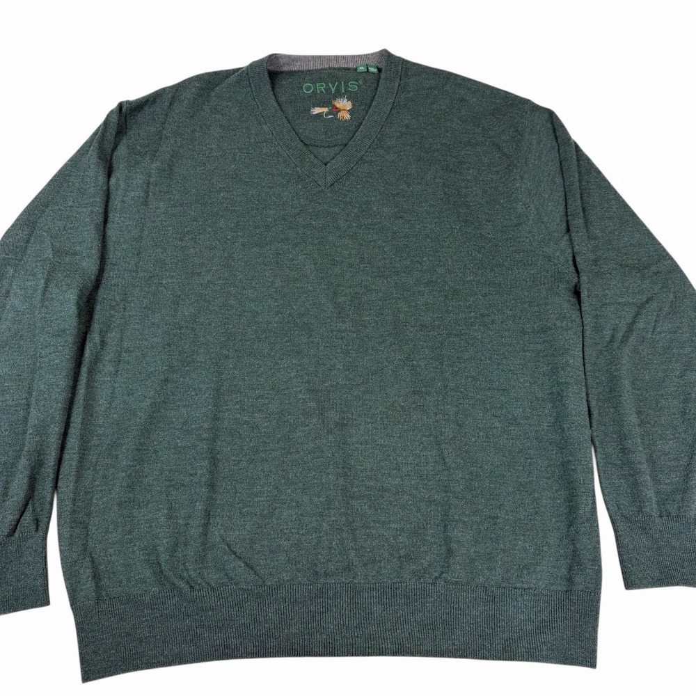 Orvis Sweater Mens Size XL Hunter Green Merino Wool V-Neck Pullover Shirt Soft - Picture 1 of 6